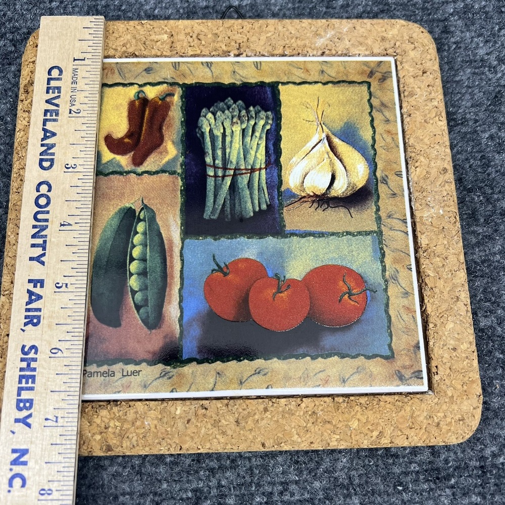 Pamela Luer Vegetable Ceramic Cork Frame Trivet 7.5"x7.5" Peppers Tomato Garlic - Picture 5 of 9